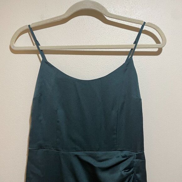 Abercrombie & Fitch Size S Small Dark Green Satin Ruched Slip Dress Side Slit - Picture 4 of 11
